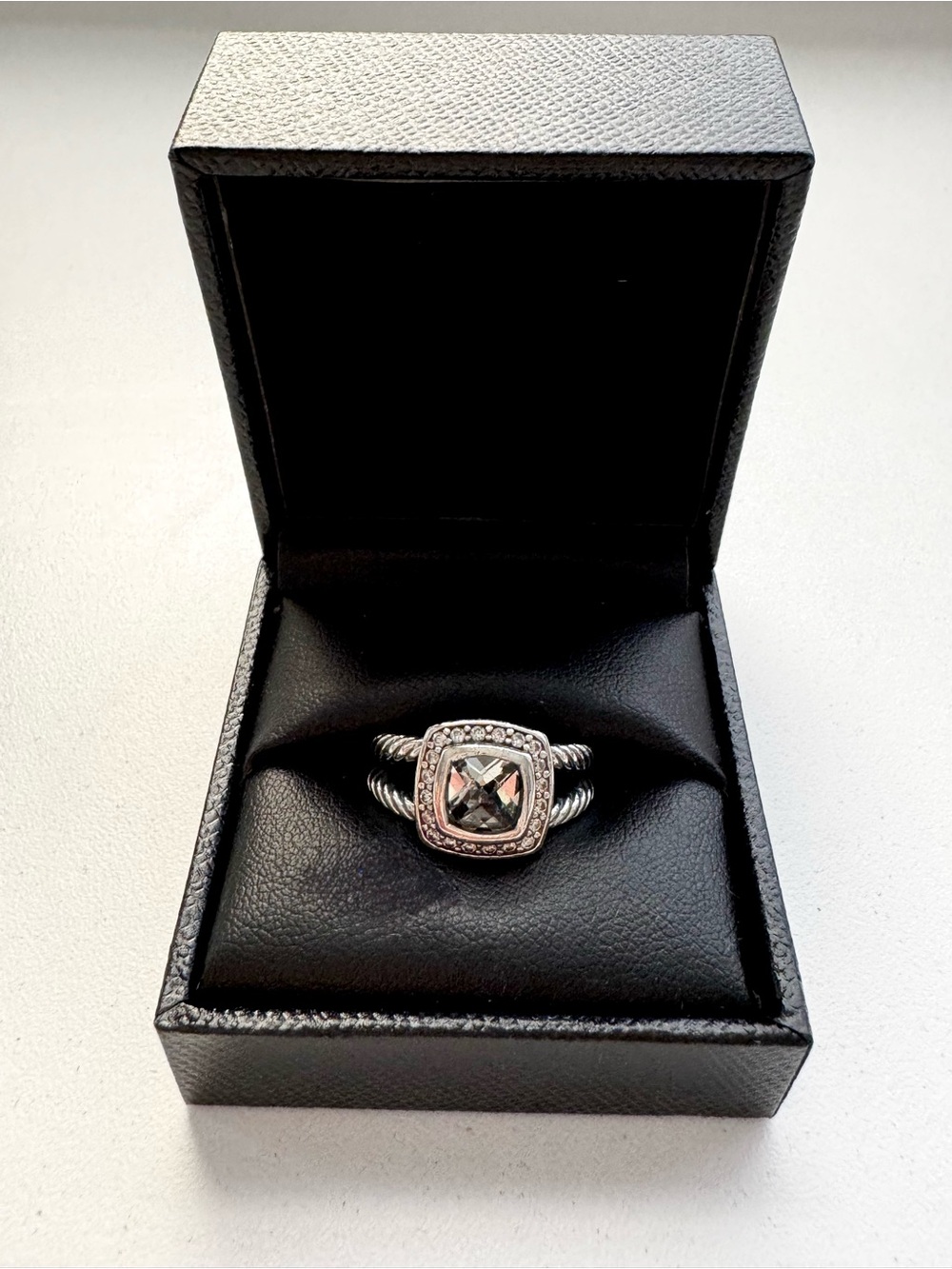 David Yurman Petite Albion Ring Prasiolite Cushion-cut with Diamonds, size 7